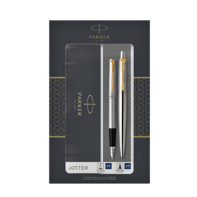 Parker - Kugelschreiber und Füllfederhalter Jotter Edelstahl GT medium 2 Stück