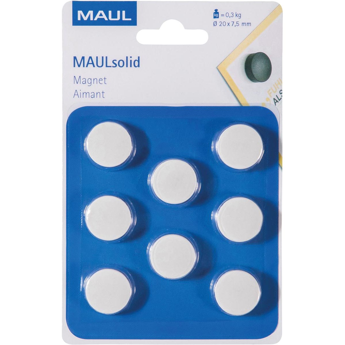 Maul - Magnet Solid, 20 mm, Zugkraft 300 gr, Blister à 8 Stück, weiß