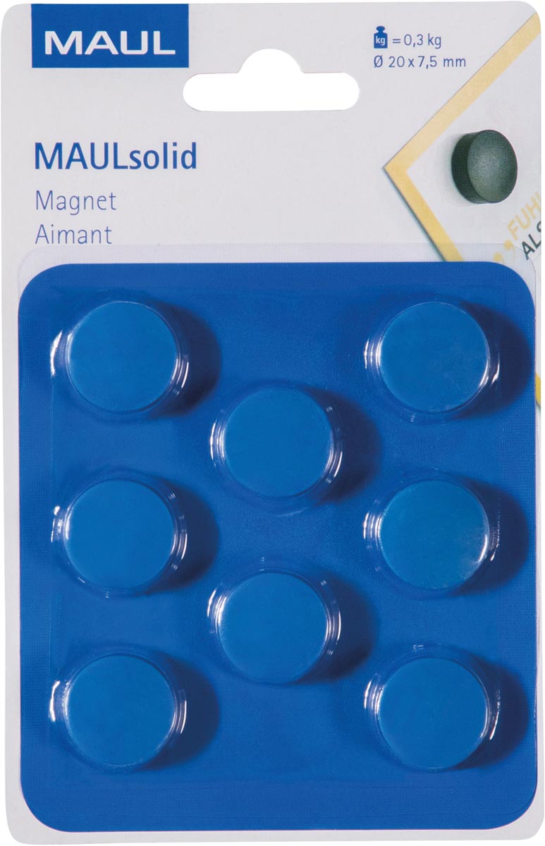 Maul - Magnet Solid, 20 mm, Zugkraft 300 gr, Blister mit 8 Stück, blau