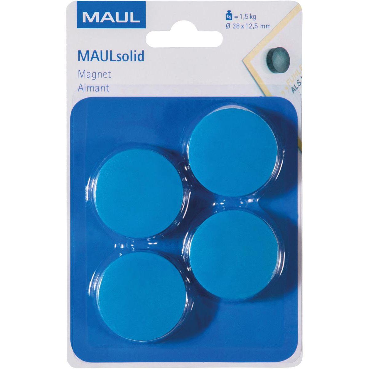 Maul - Magnet Solid, 38 mm, Zugkraft 1,5 kg, Blister à 4 Stück, blau