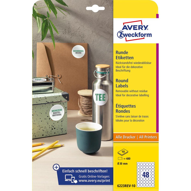 Avery Zweckform - Zweckform runde Etiketten, Durchmesser 30 mm, weiß, ablösbar, 480 Etiketten, 10 Blatt