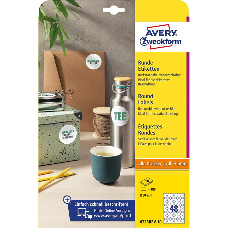 Avery Zweckform - Zweckform runde Etiketten, Durchmesser 30 mm, weiß, ablösbar, 480 Etiketten, 10 Blatt