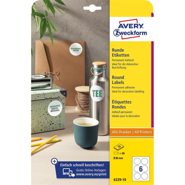 Avery Zweckform - Zweckform runde Etiketten, Durchmesser 80 mm, weiß, permanent klebend, 60 Etiketten, 10 Blatt