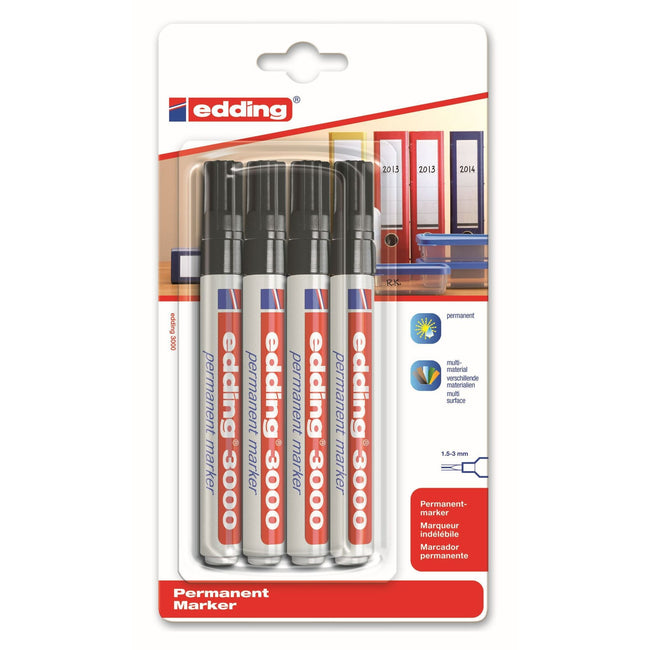 Edding - Filzstift 3000 rund 1,5-3 mm schwarz Blister à 4 Stück