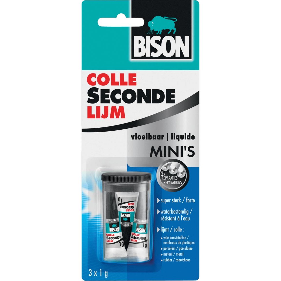 Bison - Sekundenkleber flüssig, 3 x Tube à 1 g, im Blister
