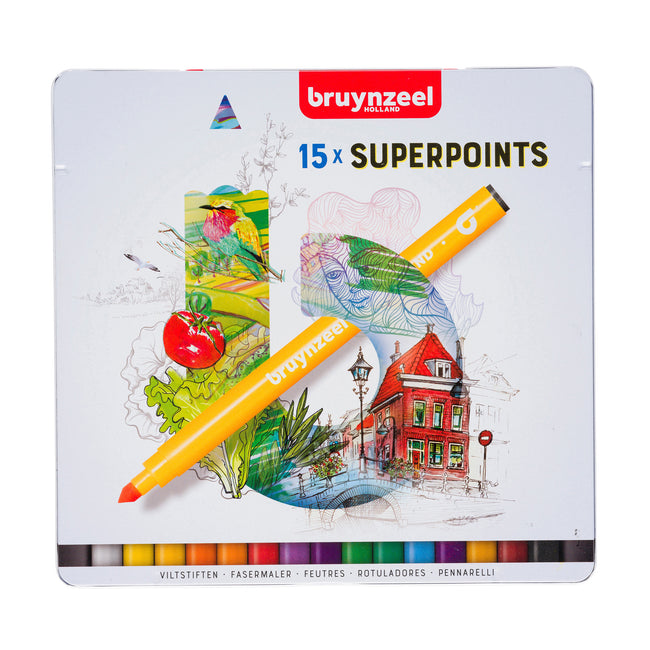 Bruynzeel - Filzstift Super Points Dose mit 15 Farben | 6 Stück