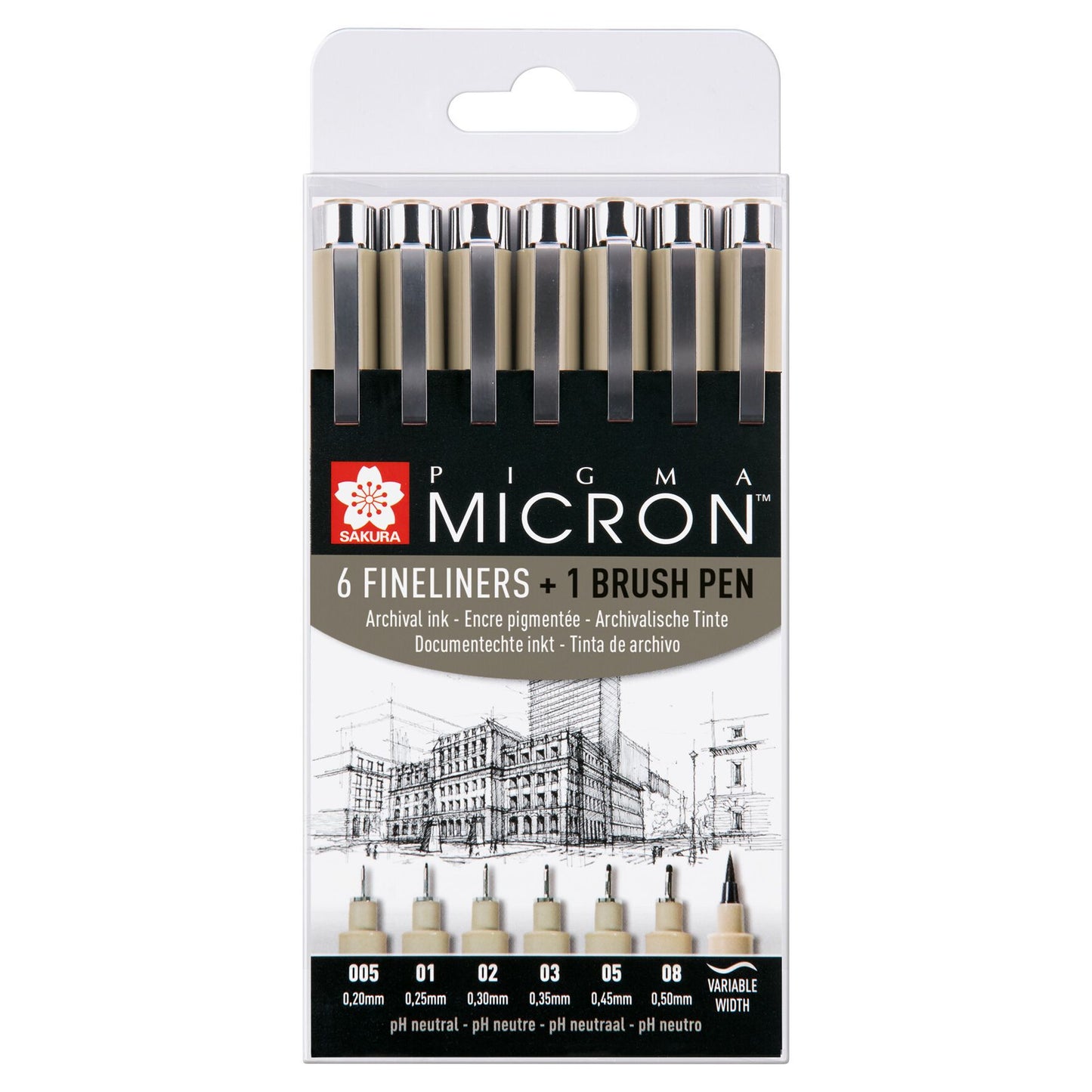 Sakura - Fineliner Pigma Micron ass + Pinselstift schwarz | 6 Stück
