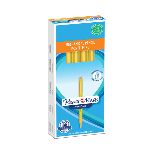 Paper Mate – Druckbleistift nonstop 0,7 mm HB mit Clip und Radiergummi gelb | 12 Stück