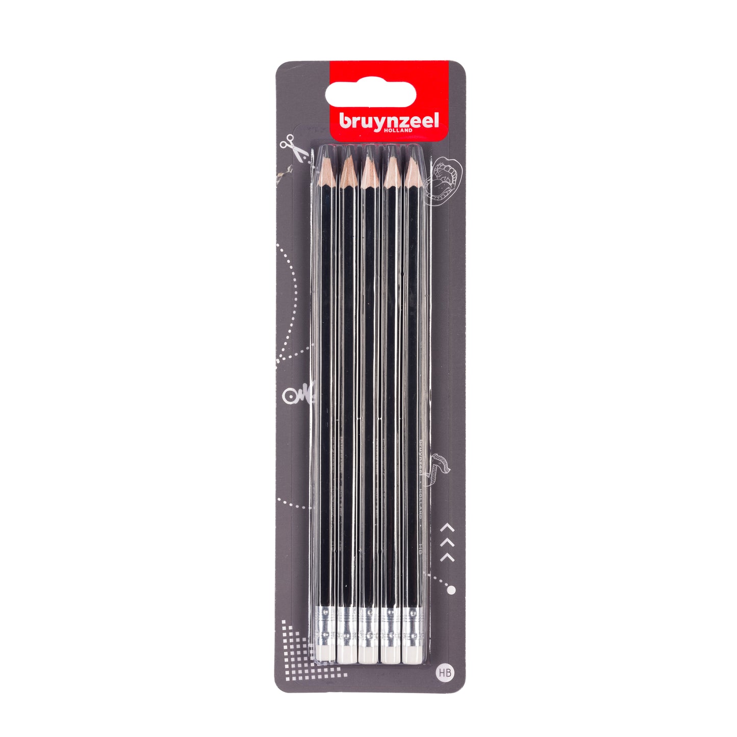 Bruynzeel - Graphitstift Teens HB mit Radiergummi, Blisterpackung mit 5 Stück, grau