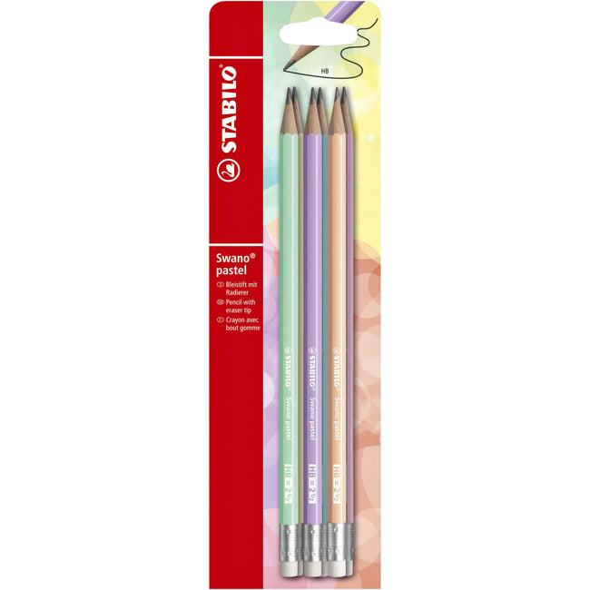 STABILO - Swano Graphit-HB-Bleistift mit Radiergummi, pastellfarben, sortiert, Blisterpackung mit 6 Stück