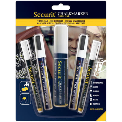 Securit - Kreidemarker weiß, Etui mit 5 Stück in verschiedenen Stärken