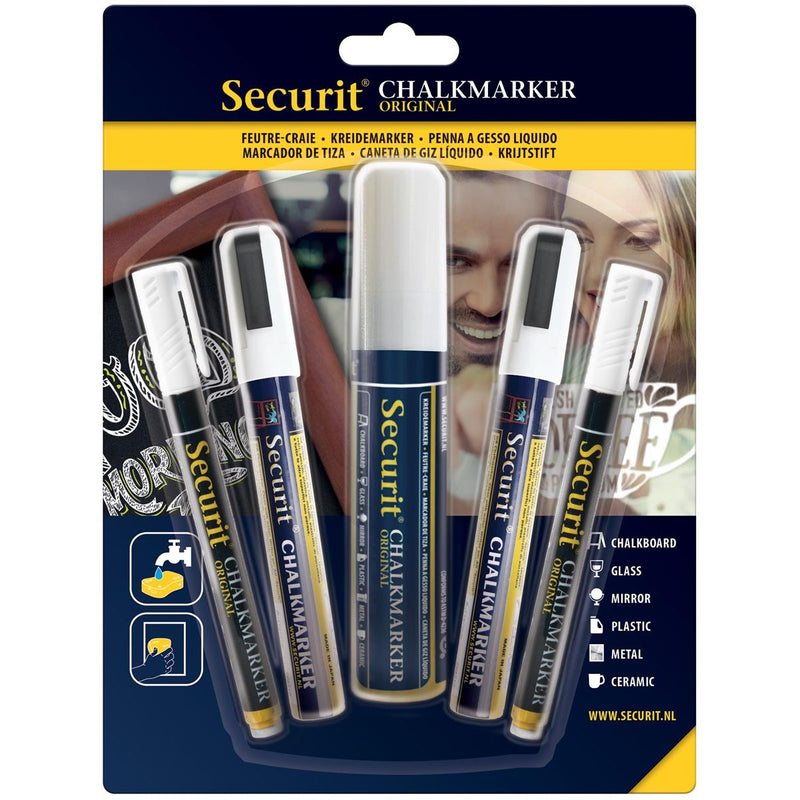 Securit - Kreidemarker weiß, Etui mit 5 Stück in verschiedenen Stärken