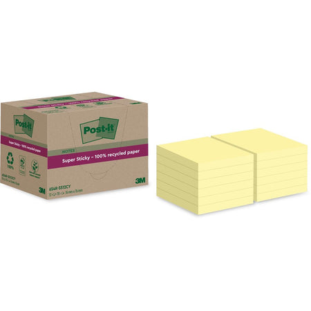 Post-it - Notizblock Super Sticky 654 RSS12CY recycelt 76x76mm kanariengelb 12 Stück