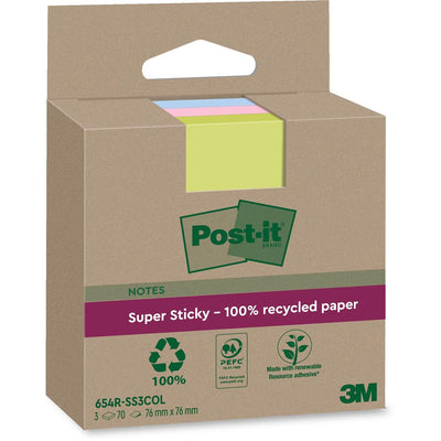 Post-it Super Sticky – Super Sticky Notes Recycling, 70 Blatt, ft 76 x 76 mm, sortiert, Packung mit 3 Blöcken