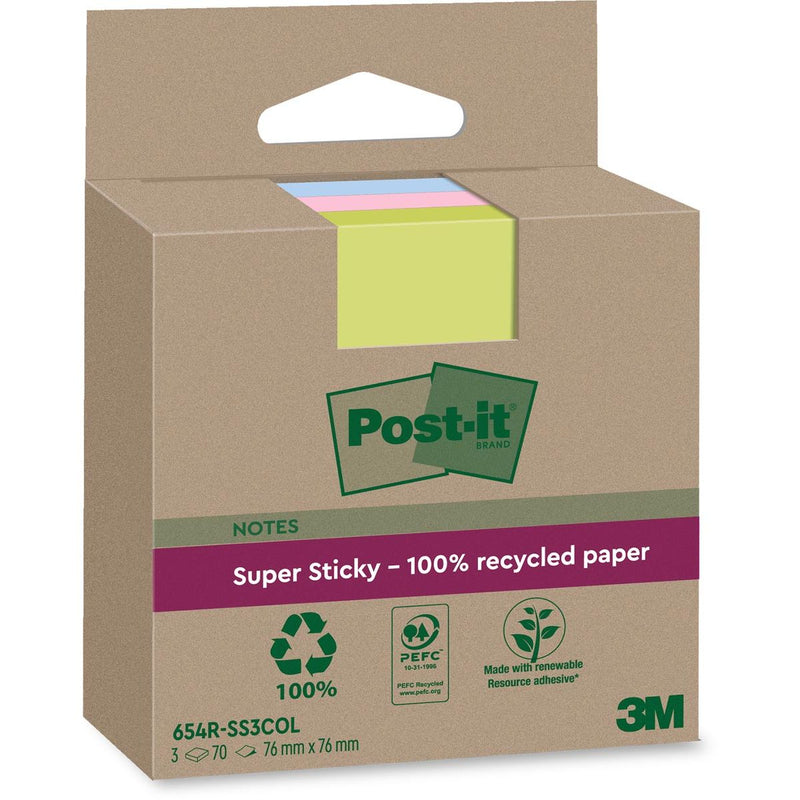 Post-it Super Sticky – Super Sticky Notes Recycling, 70 Blatt, ft 76 x 76 mm, sortiert, Packung mit 3 Blöcken