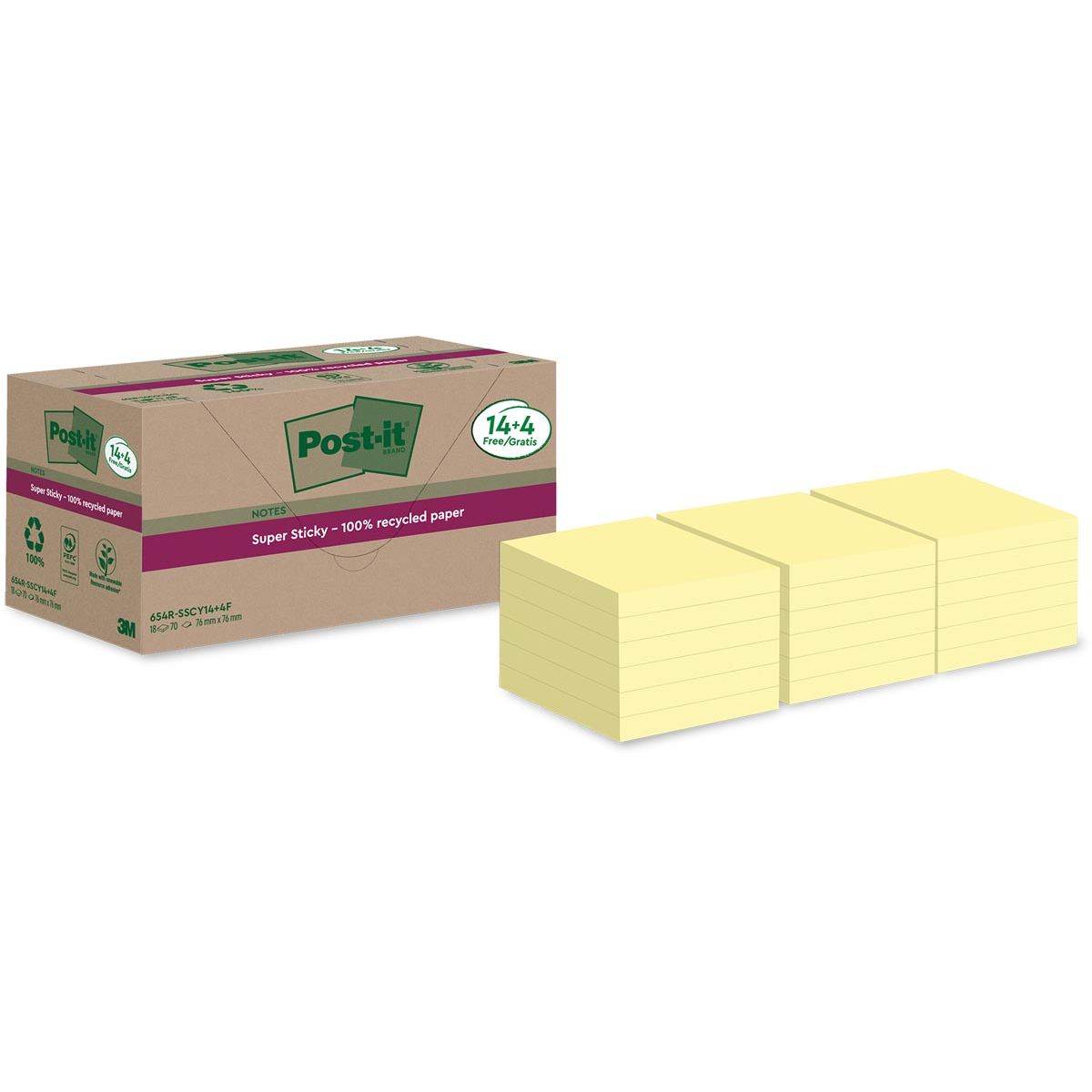 Post-it Super Sticky - Notizblock 654 RSS12CY 76x76mm gelb 14+4 gratis