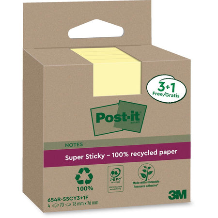 Post-it – Super Sticky Notes Recycling, 70 Blatt, 76 x 76 mm, gelb, 3 + 1 GRATIS