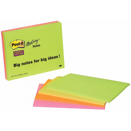 Post-it – Super Sticky Meeting-Notizen, 45 Blatt, 152 x 203 mm, verschiedene Farben, Packung mit 4 Blöcken