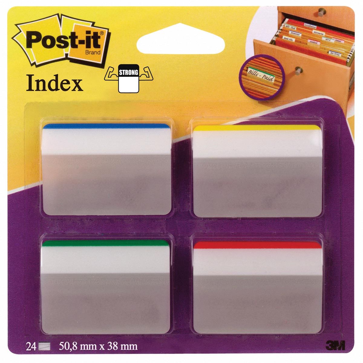 Post-it – Index Strong, ft 50,8 x 38 mm, für Hängeregister, Set mit 24 Tabs, 4 Farben, 6 Tabs pro Farbe