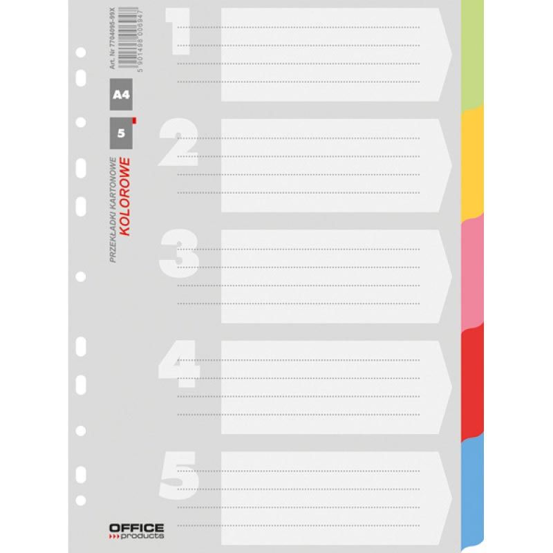 OFFICE products -   tabbladen, A4, karton, 11-gaatsperforatie, geassorteerde kleuren, 5 tabs