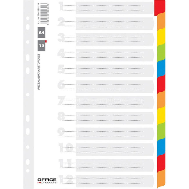 OFFICE products -   tabbladen, A4, karton, 11-gaatsperforatie, geassorteerde kleuren, 12 tabs