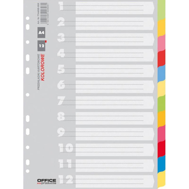 OFFICE products -   tabbladen, A4, karton, 11-gaatsperforatie, geassorteerde kleuren, 12 tabs