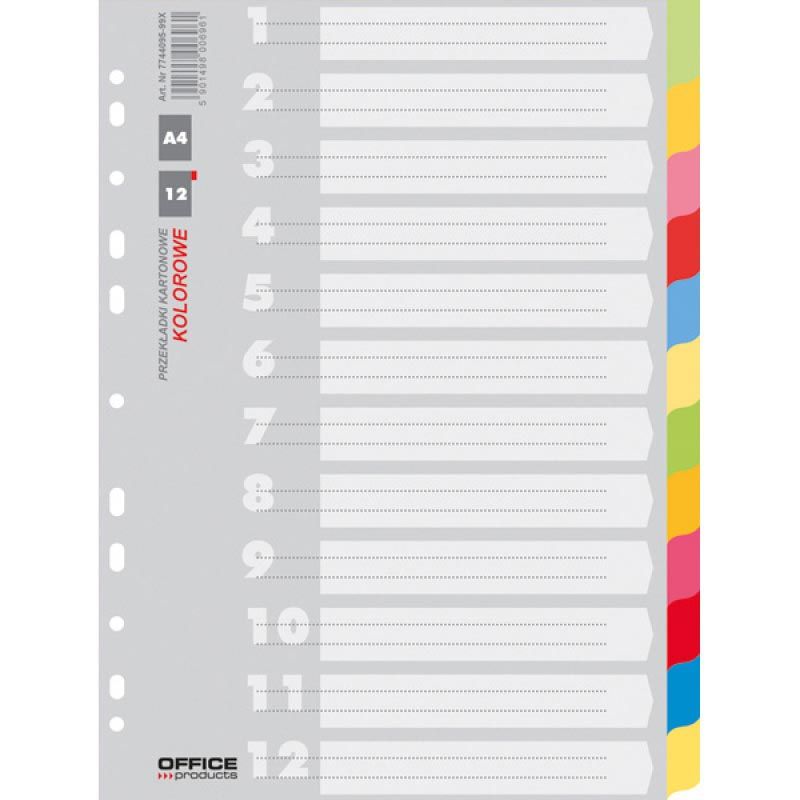 OFFICE products -   tabbladen, A4, karton, 11-gaatsperforatie, geassorteerde kleuren, 12 tabs
