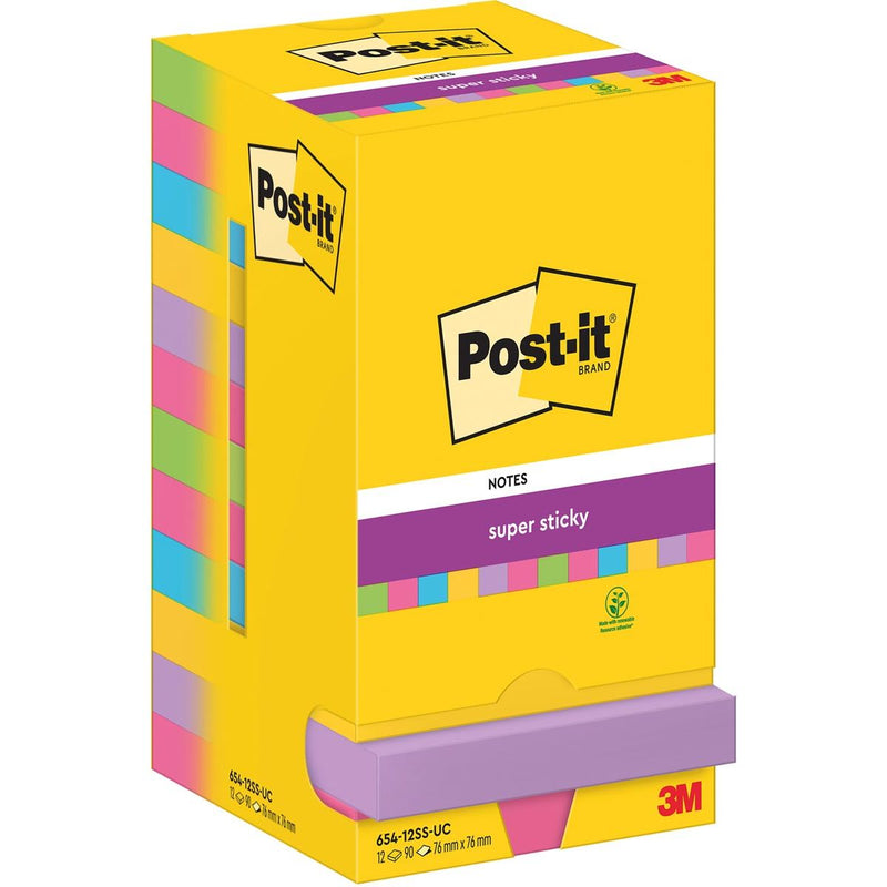 Post-it - Notizblock 654 Super Sticky 76x76mm 90 Blatt Regenbogen 12 Stück