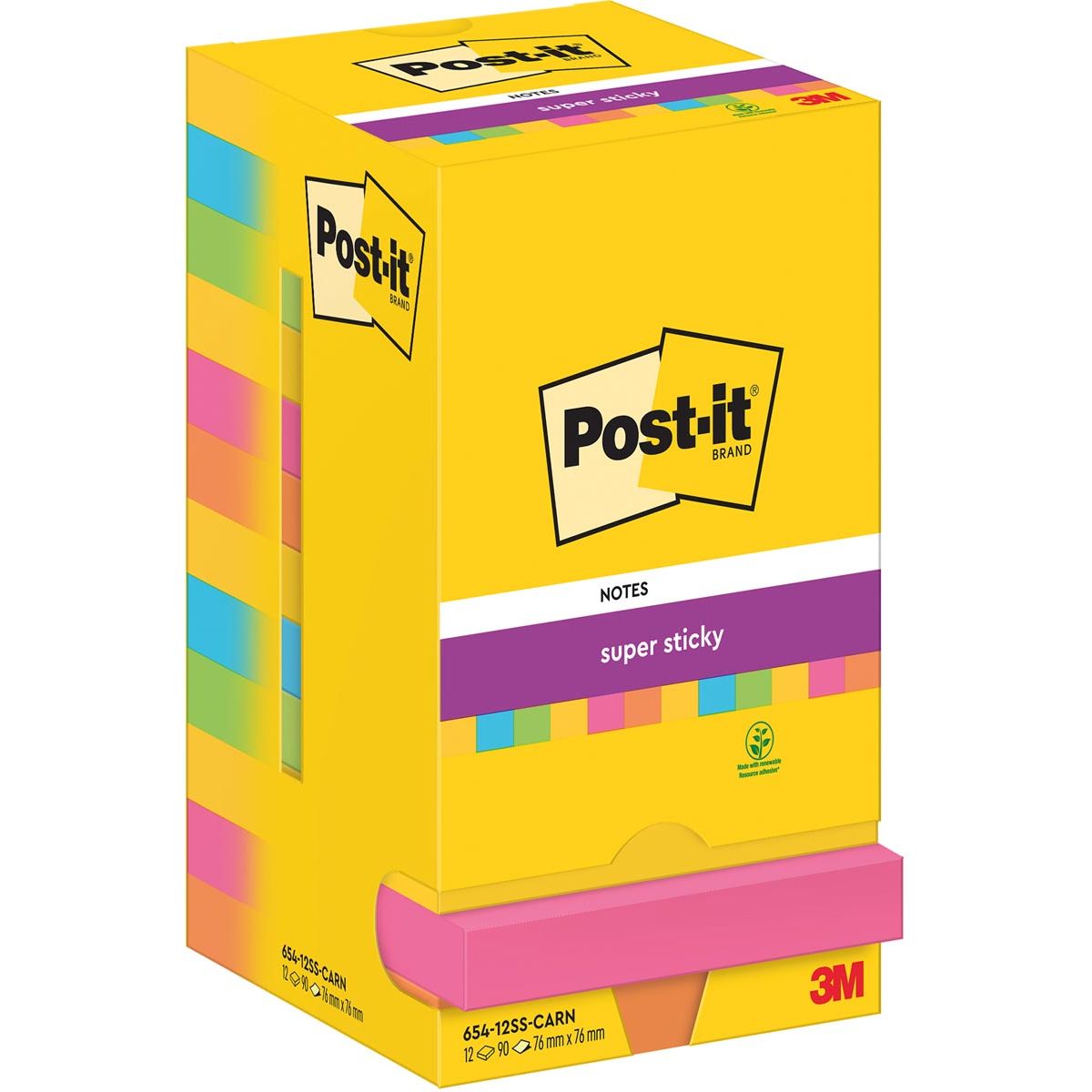 Post-it Super Sticky – Notes Karneval, 90 Blatt, 76 x 76 mm, Packung mit 12 Blöcken