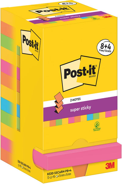 Post-it Super Sticky – Z-Notes Carnival, 90 Blatt, 76 x 76 mm, 8 + 4 GRATIS