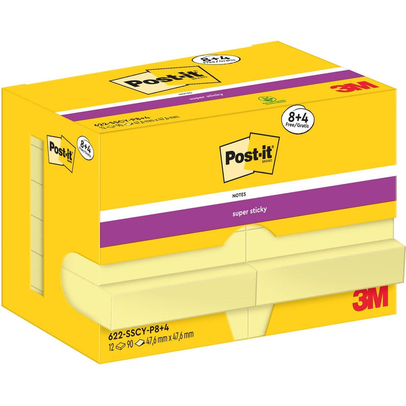 Post-it – Super-Haftnotizen, 90 Blatt, 47,6 x 47,6 mm, gelb, 8 + 4 GRATIS