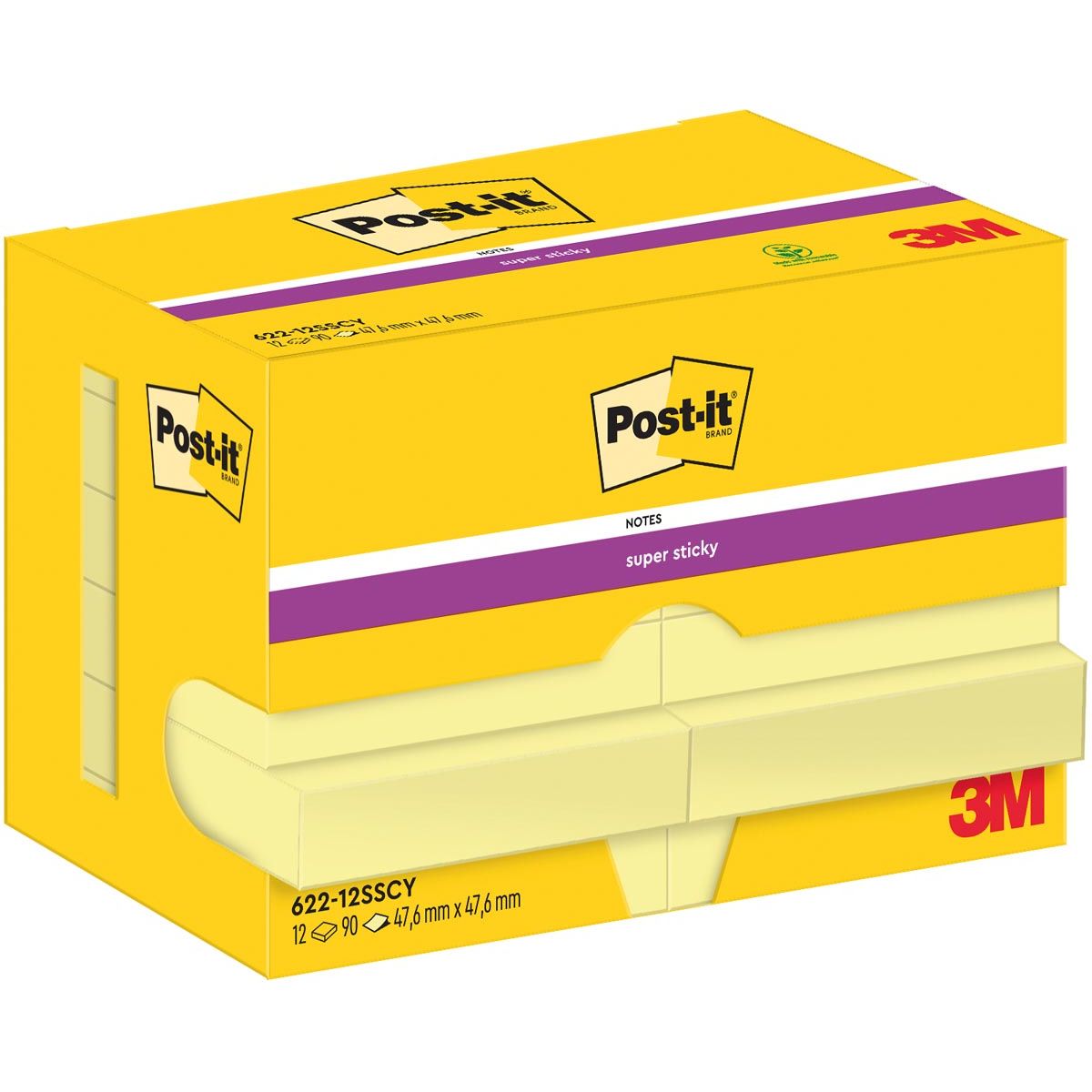Post-it – Super Sticky Notes, 90 Blatt, 47,6 x 47,6 mm, gelb, Packung mit 12 Blöcken