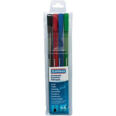 DONAU -   D-fine fineliner, 0,4 mm, etui van 4 stuks, geassorteerde kleuren