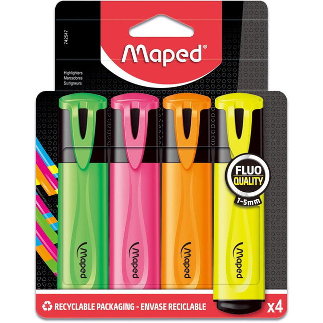 Maped - Textmarker Fluo'Peps Classic, 4er-Packung: Gelb, Orange, Rosa und Grün
