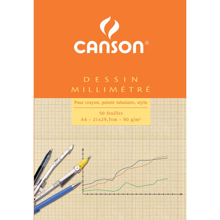 Canson - Millimeterpapier braun gelb bedruckt 50 Blatt 90gr A4 weiß | 10 Stück