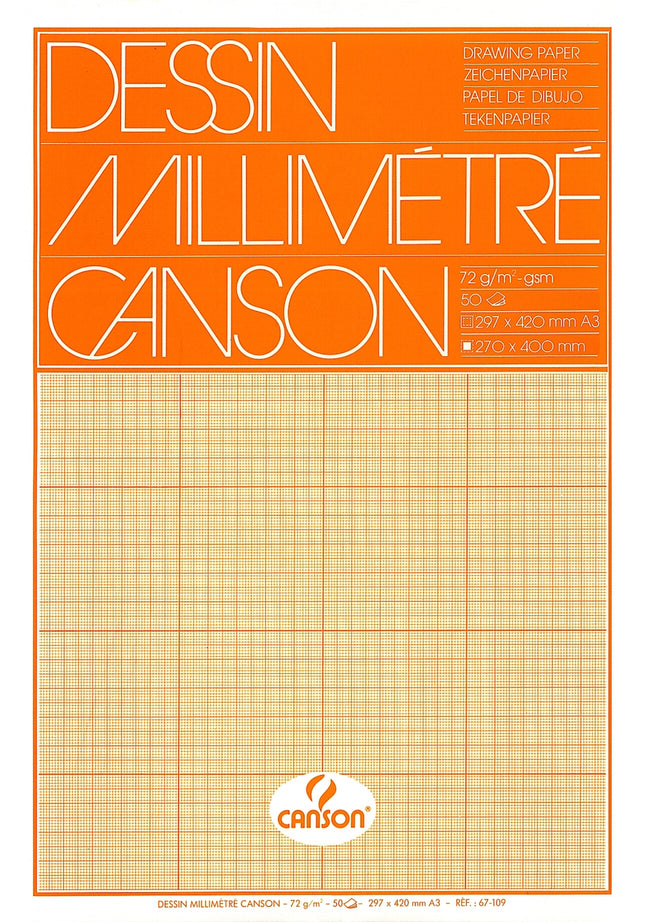 Canson - Millimeterpapier braun gelb bedruckt 50 Blatt 72gr A3 weiß