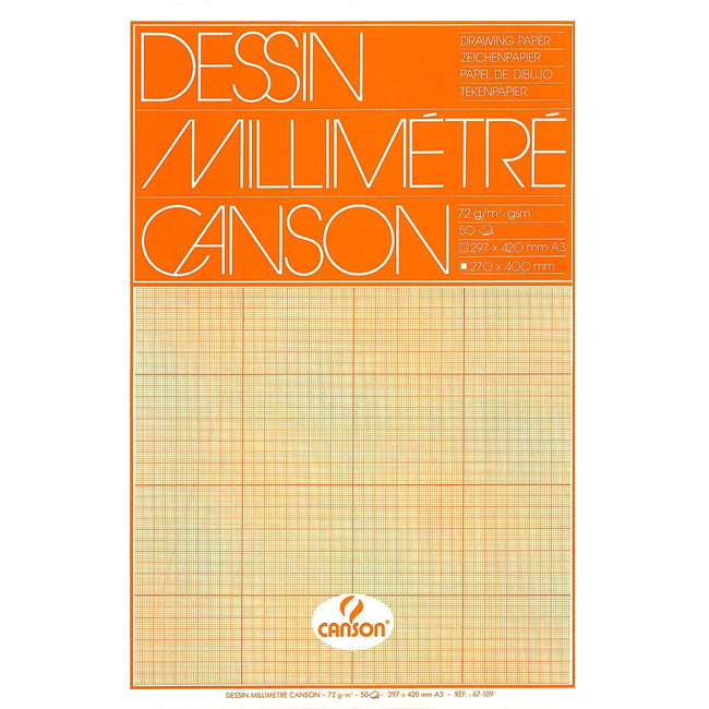 Canson - Millimeterpapier braun gelb bedruckt 50 Blatt 72gr A3 weiß | 10 Stück