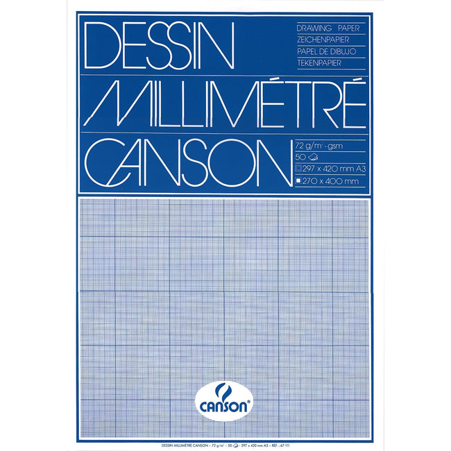 Canson - Millimeterpapier hellblau bedruckt 50 Blatt 72gr A3 weiß