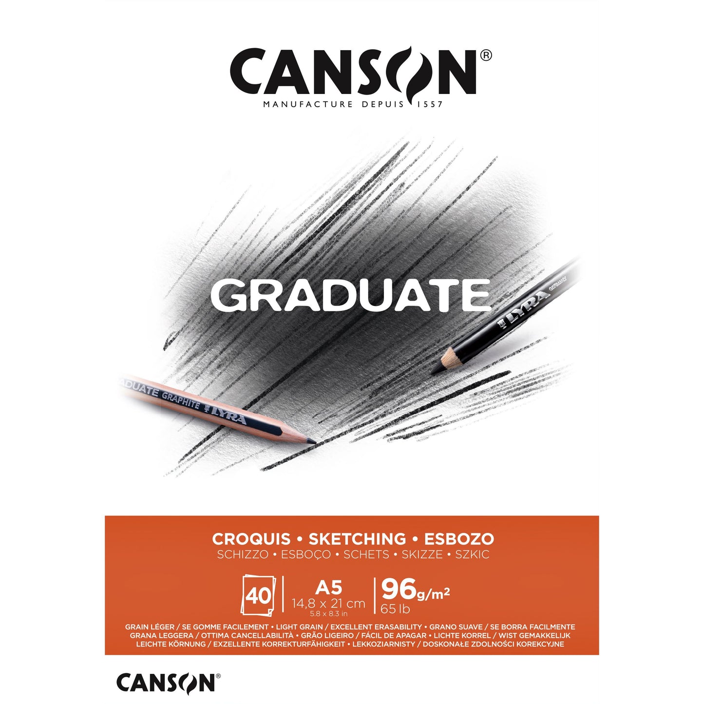 Canson - Skizzenpapier Graduate Sketch 40 Blatt 96gr A5 naturweiß | 5 Stück
