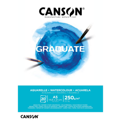 Canson - Aquarellpapier Graduate Watercolour 20 Blatt 250gr A5 naturweiß | 5 Stück