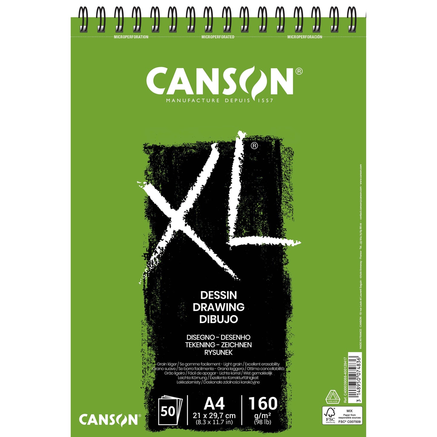 Canson - Zeichenpapier XL Drawing 50 Blatt 160gr A4 weiß | 5 Stück