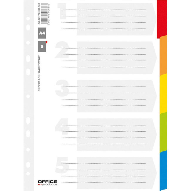 OFFICE products -   tabbladen, A4, karton, 11-gaatsperforatie, geassorteerde kleuren, 5 tabs