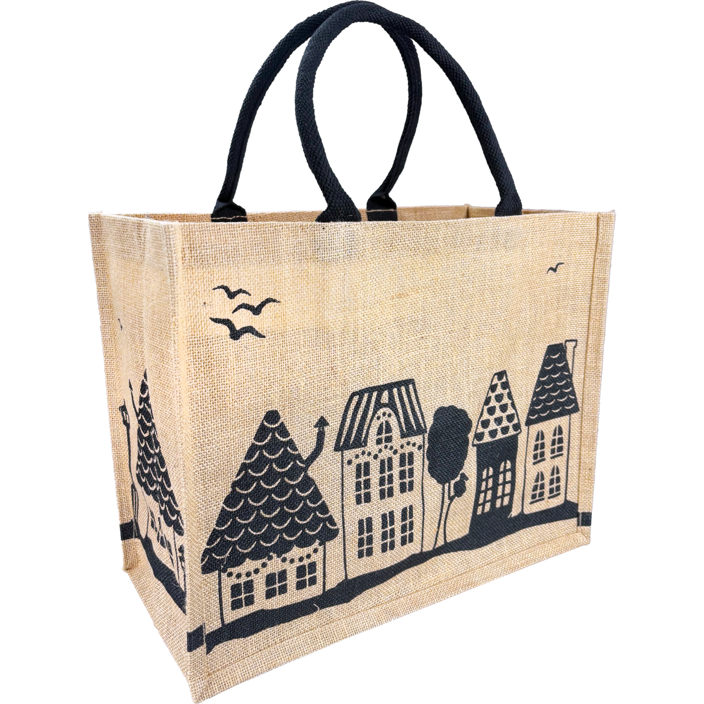 Klika -  Shopper | Kerstmis | Jute | Huisjes | 43x 20x34cm | naturel/zwart | 50 stuks