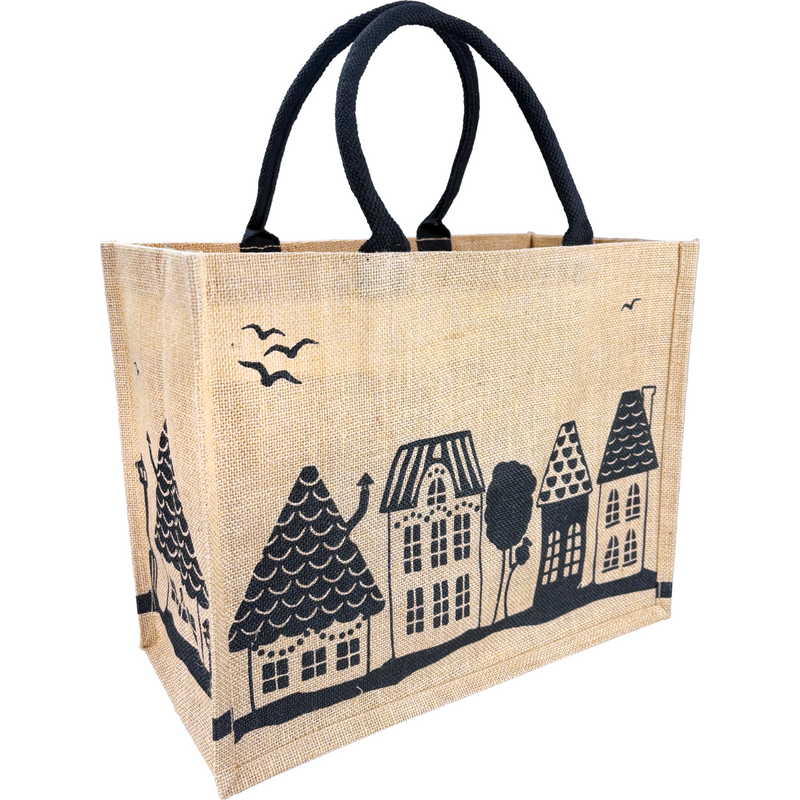 Klika -  Shopper | Kerstmis | Jute | Huisjes | 43x 20x34cm | naturel/zwart | 50 stuks