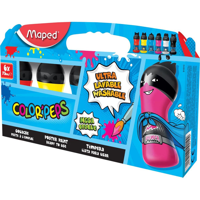 Maped – Color'Peps Gouache, Hängebox mit 6 Flaschen à 75 ml in verschiedenen Primärfarben