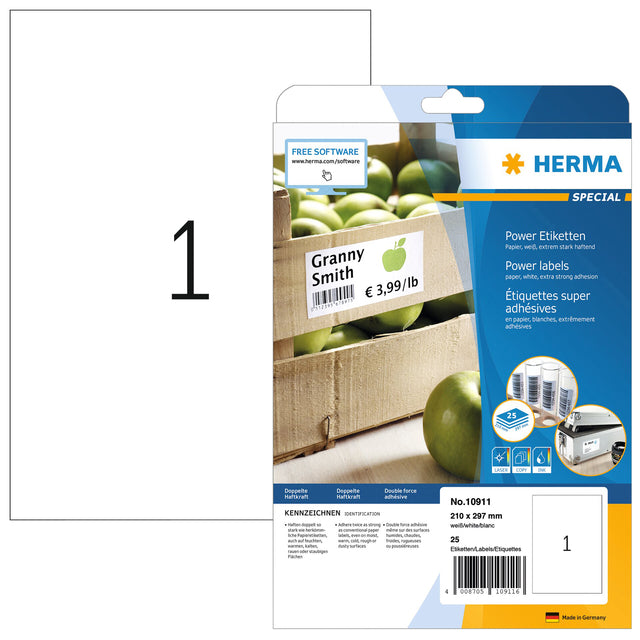HERMA - Etiketten Power 10911 210x297mm weiß 25 Stück