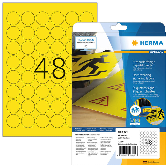 HERMA - Etikett 8034 30mm rund wetterfest gelb 1200 Stück