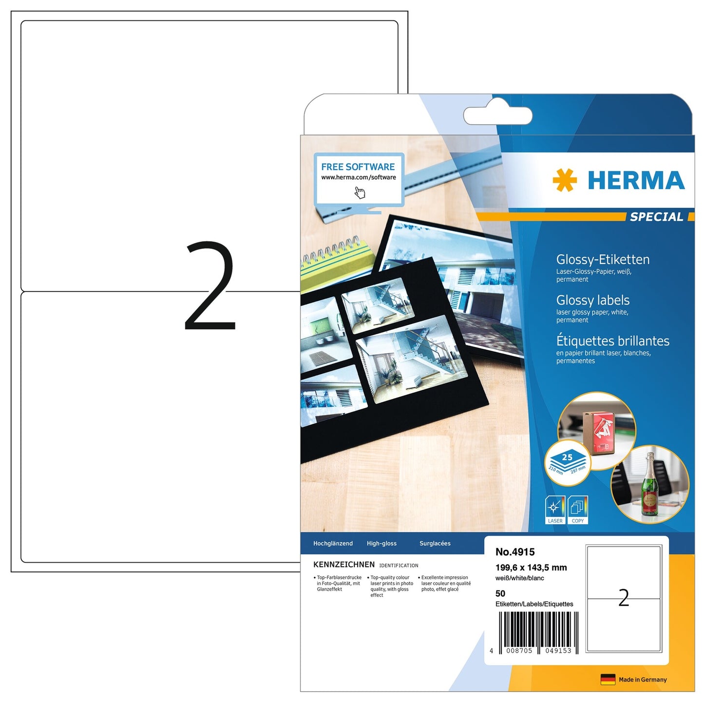 HERMA - Etikett 4915 199,6X143,5mm glänzend weiß 50 Etiketten