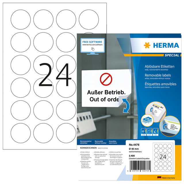 HERMA - Etikett 4476 40 mm abnehmbare weiße 2400 Etiketten