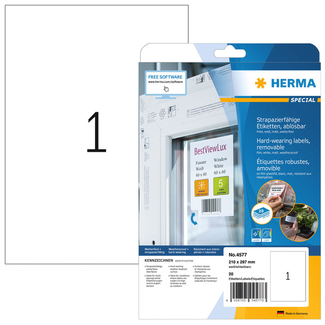 HERMA - Etikett 4577 210x297mm weiße Folie 20 Etiketten